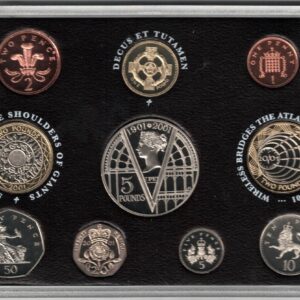2001 Royal Mint Deluxe Base Metal Ten Coin Proof Set . This 2001 set comes in a red outer case. All coins are in stock for despatch.