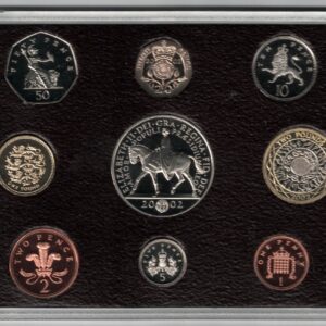 2002 Royal Mint Deluxe Base Metal Nine Coin Proof Set . This 2002 set comes in a red outer case. All coins are in stock for despatch.