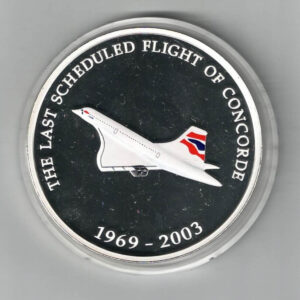 2003 Silver Proof Five Ounce Concorde Round. This silver round was to commemorate the last scheduled flight of Concorde. All coins are in stock.