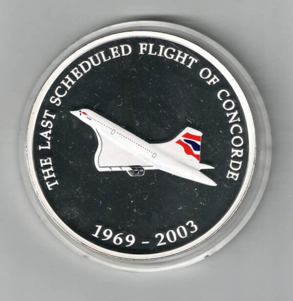 2003 Silver Proof Five Ounce Concorde Round. This silver round was to commemorate the last scheduled flight of Concorde. All coins are in stock.
