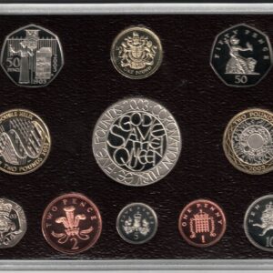 2003 Royal Mint Base Metal Eleven Coin Deluxe Proof Set . This 2003 set comes in a red leather outer. All coins are in stock for despatch.