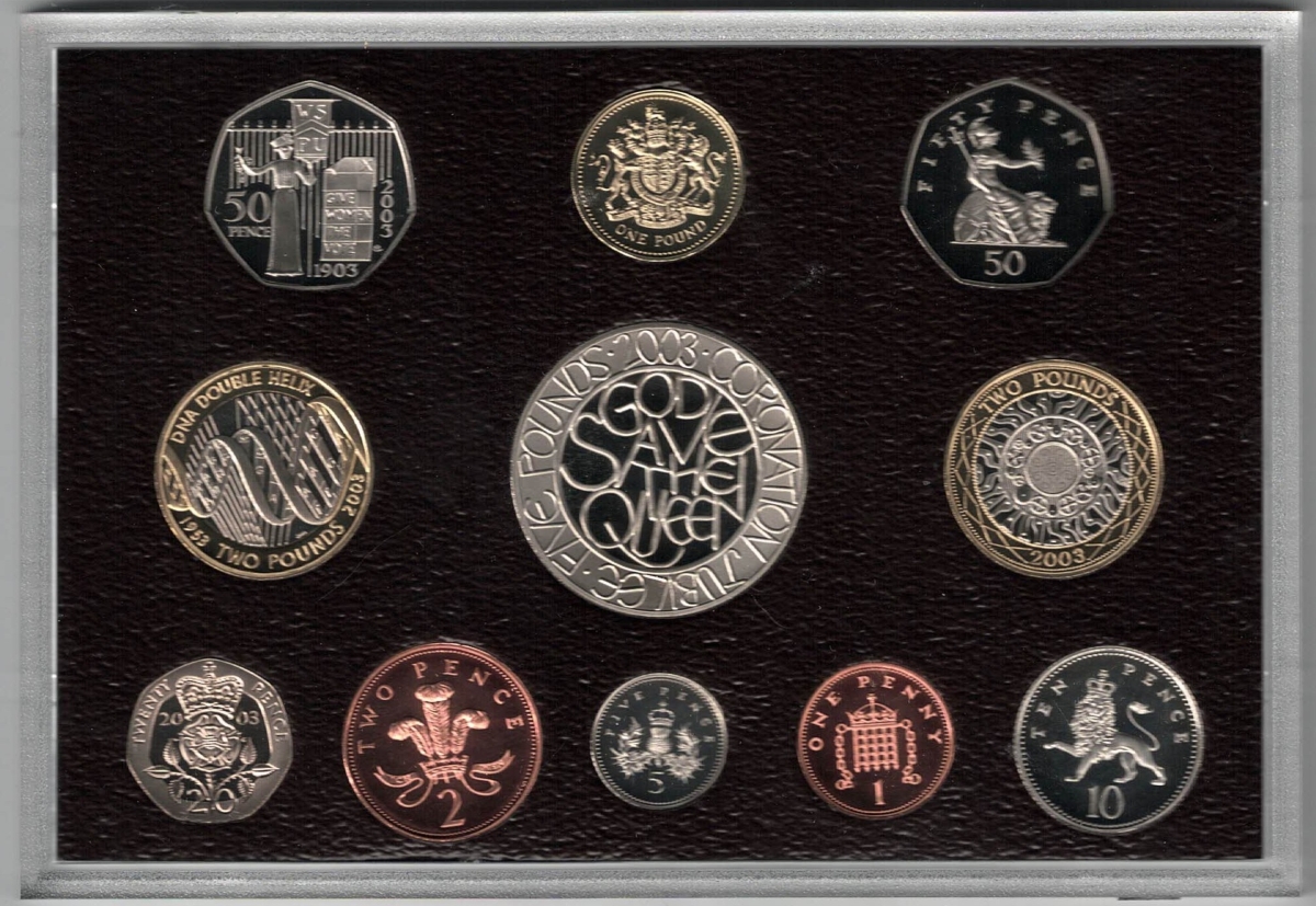 2003 Royal Mint Base Metal Eleven Coin Deluxe Proof Set . This 2003 set comes in a red leather outer. All coins are in stock for despatch.