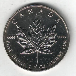 2004 Silver Canada One Ounce Maple. Elizabeth II is on the obverse, The Maple is on the reverse. The coin contains one ounce of 9999 fine silver.