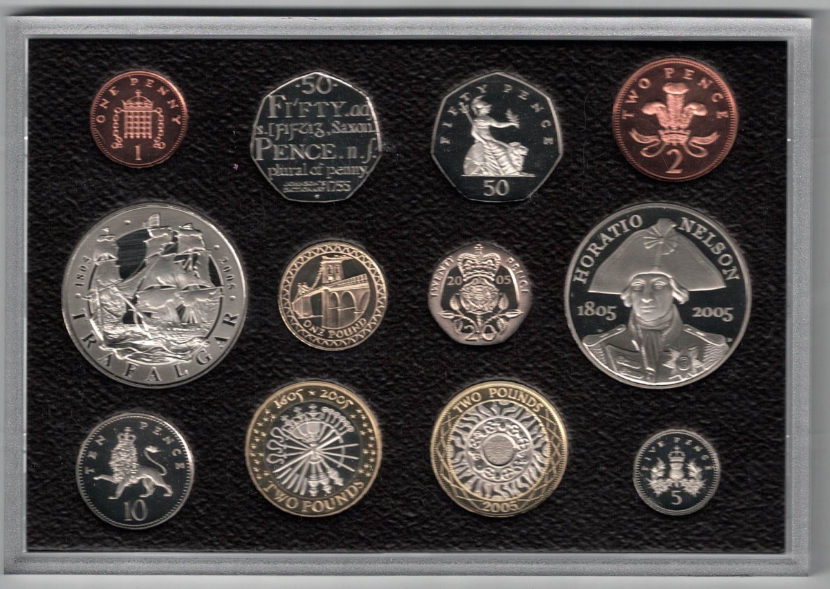 2005 Royal Mint Deluxe Base Metal Twelve Coin Proof Set . This 2005 set comes in a red outer case. All coins are in stock for despatch.
