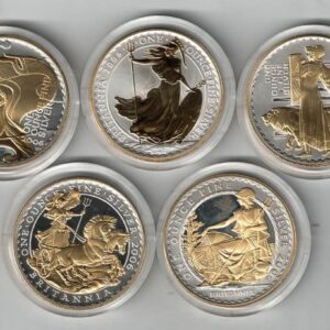 Boxed 2006 Britannia Golden Silhouette Five One Ounce Coin Collection. These Silver One Ounce Britannia coins feature the portrait of Queen Elizabeth II.