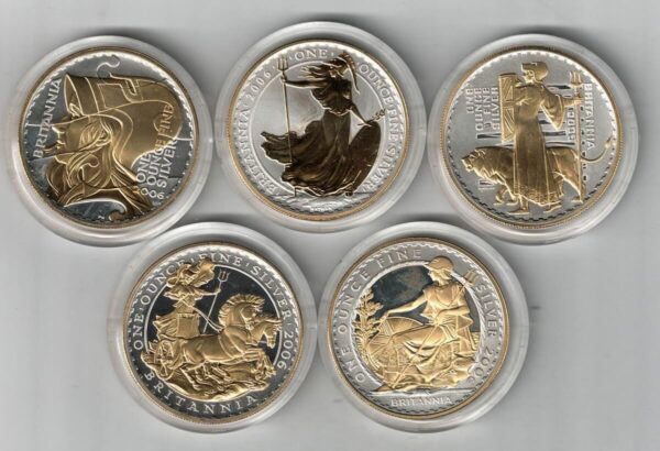 Boxed 2006 Britannia Golden Silhouette Five One Ounce Coin Collection. These Silver One Ounce Britannia coins feature the portrait of Queen Elizabeth II.