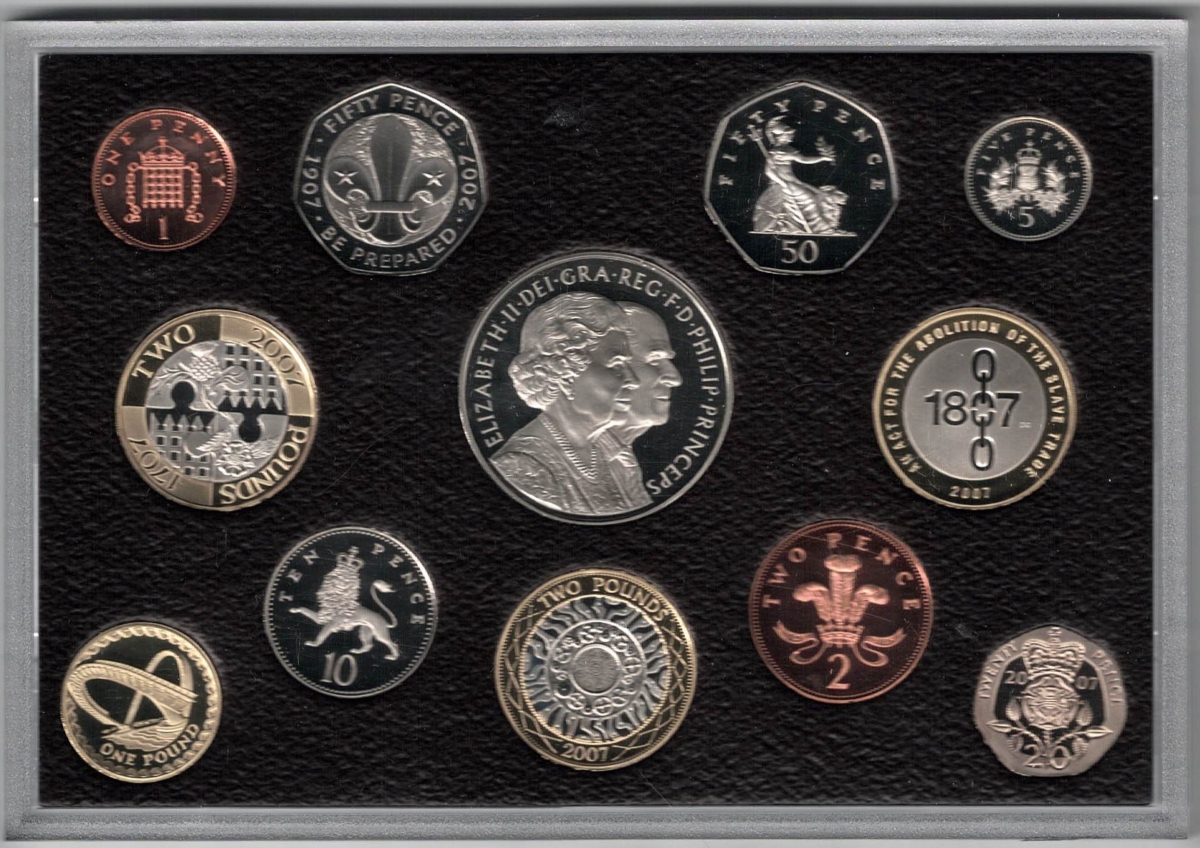 2007 Royal Mint Deluxe Base Metal Twelve Coin Proof Set . This 2007 set comes in a red leather outer. All coins are in stock for despatch.