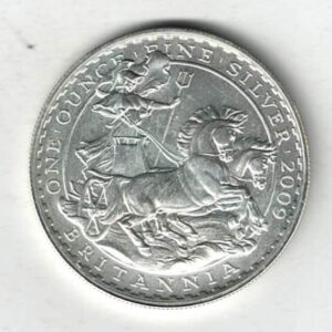 2009 Silver Britannia One Ounce Coin. The coin contains one ounce of fine silver. All of our silver coins have been pre-owned and are in stock.