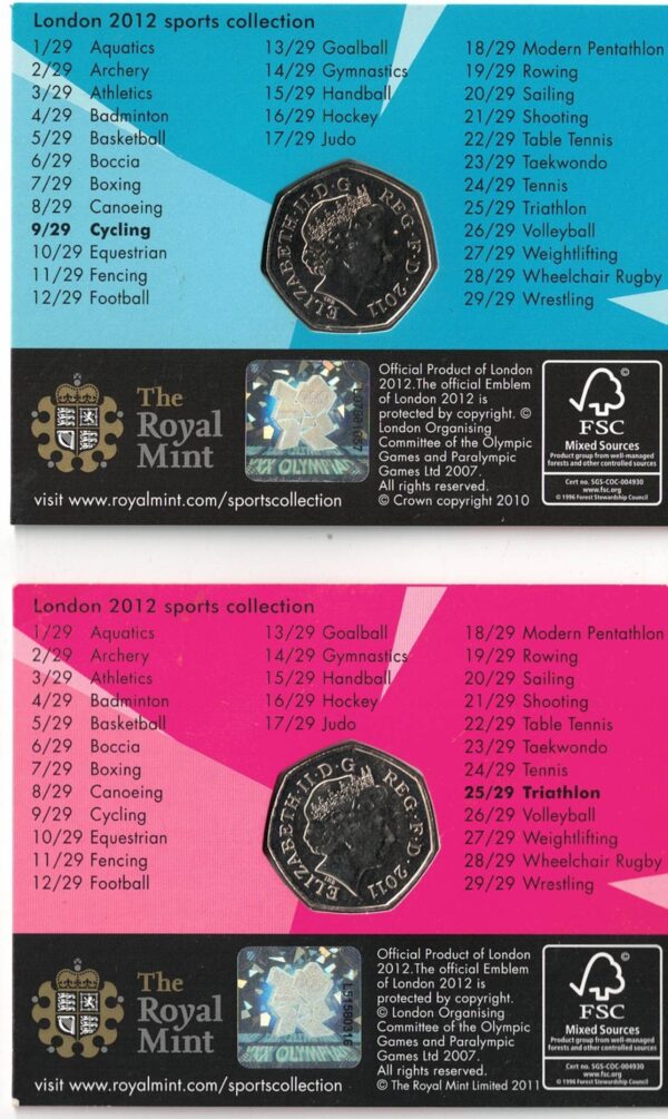 Two 2011 Fifty Pence coins Triathlon & Cycling London 2012 - Image 2