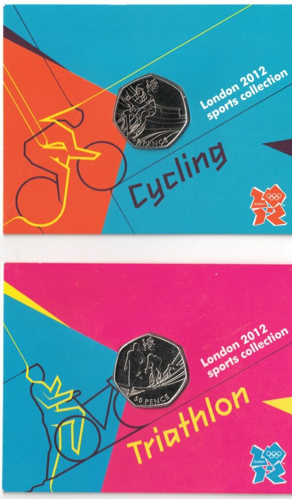 Two 2011 Fifty Pence Triathlon & Cycling coins cupro-nickel coin featuring Queen Elizabeth on the Obverse. The coins are in stock.