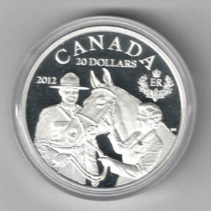 2012 Canada Silver Proof One Ounce Queen's Visit To Canada. The obverse features Elizabeth II facing Right. The reverse features the Queen and her horse.