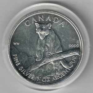 2012 Silver Canada One Ounce Cougar. Elizabeth II is on the obverse, The Cougar is on the reverse. The coin contains one ounce of 9999 fine silver.