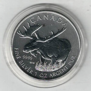 2012 Silver Canada One Ounce Maple. Elizabeth II is on the obverse, The Moose is on the reverse. The coin contains one ounce of 9999 fine silver.