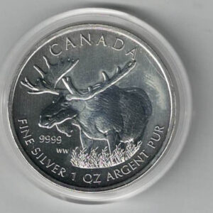 2012 Silver Canada One Ounce Maple. Elizabeth II is on the obverse, The Moose is on the reverse. The coin contains one ounce of 9999 fine silver.
