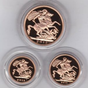 2013 Gold Proof Three Coin Set. This three coin gold sovereign set comes boxed with certificate as issued by the Royal Mint.