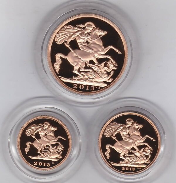 2013 Gold Proof Three Coin Set. This three coin gold sovereign set comes boxed with certificate as issued by the Royal Mint.