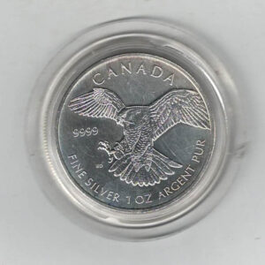2014 Silver Canada One Ounce Falcon. Elizabeth II is on the obverse, The Falcon is on the reverse. The coin contains one ounce of 9999 fine silver.