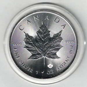 2015 Silver Canada One Ounce Maple. Elizabeth II is on the obverse, The Maple is on the reverse. The coin contains one ounce of 9999 fine silver.