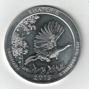 2015 USA Kisatchie Silver Five Ounce Coin. The reverse features a Glacier's high county with mountain goat. All coins are in stock.