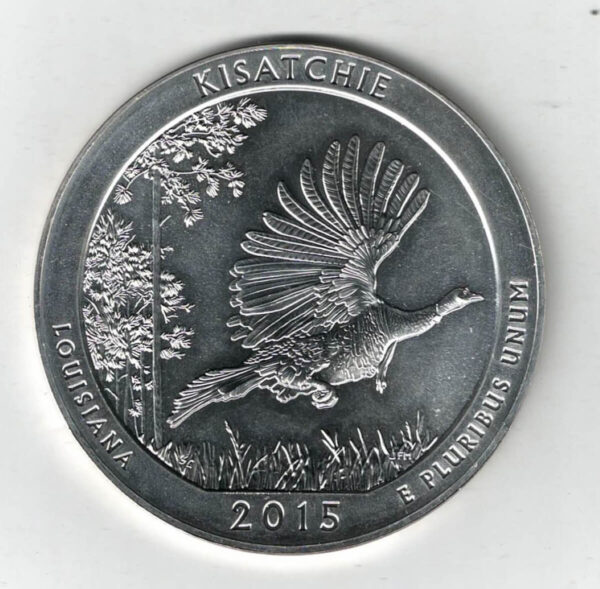 2015 USA Kisatchie Silver Five Ounce Coin. The reverse features a Glacier's high county with mountain goat. All coins are in stock.