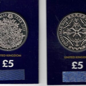 2017 & 2018 Five Pound Christmas Coins. These two coins come in the change checker card presentation packets in mint condition.
