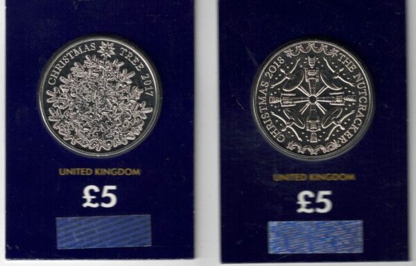 2017 & 2018 Five Pound Christmas Coins. These two coins come in the change checker card presentation packets in mint condition.