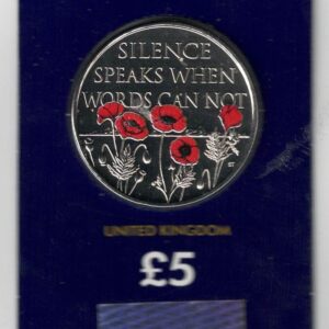 2017 Five Pound Change Checker Remembrance Day Coin. Queen Elizabeth II on Obverse. This coin is in stock and ready to send.