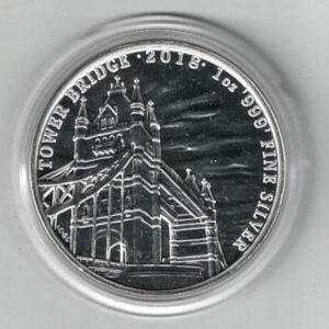 2018 Silver One Ounce Tower Bridge. The portrait of Queen Elizabeth II is on the obverse. The coin contains one ounce of 999 fine silver.