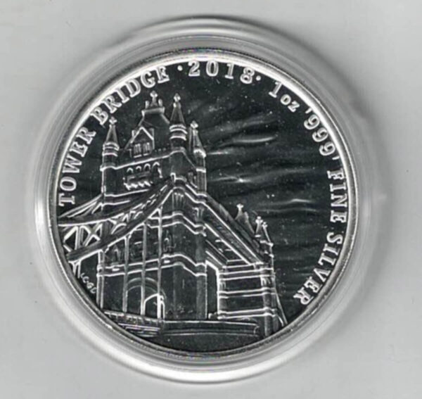 2018 Silver One Ounce Tower Bridge. The portrait of Queen Elizabeth II is on the obverse. The coin contains one ounce of 999 fine silver.