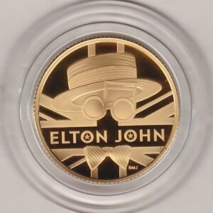 2020 Gold Proof Quarter Ounce Elton John coin featuring Queen Elizabeth II on the Obverse. The coin features Elton John on the Reverse.