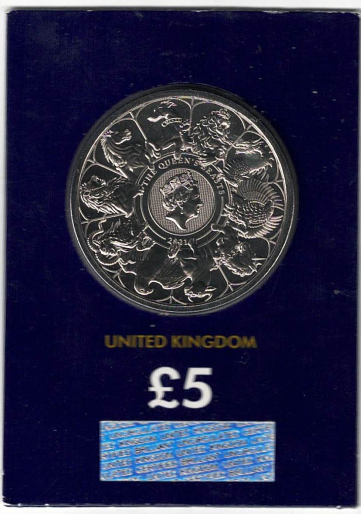 2021 Five Pound Change Checker The Queen's Beasts Completer Coin. Queen Elizabeth II on Obverse. This coin is in stock and ready to send.