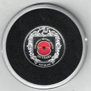 2021 Isle Of Man RBL Silver Proof Sovereign Coin. The obverse features the portrait of Elizabeth II facing right. The reverse features a colourised poppy. 