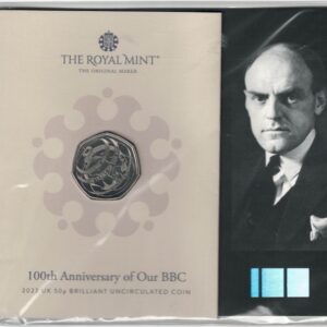 2022 Royal Mint Fifty Pence Coin 100th Anniversary of BBC cupro nickel coin. This coin is in stock. Queen Elizabeth II on Obverse.