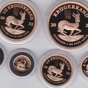 2022 South Africa Gold Proof Krugerrand Set. This six coin set coin contains 1.918 ounces of fine Gold. Boxed with certificate.