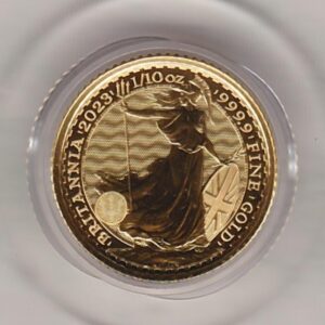 2023 Gold Tenth Ounce Britannia coin featuring King Charles III on the Obverse. The iconic image of Britannia on the Reverse.