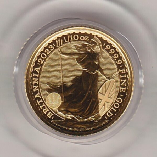 2023 Gold Tenth Ounce Britannia coin featuring King Charles III on the Obverse. The iconic image of Britannia on the Reverse.
