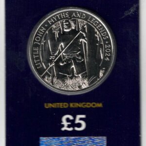 2024 Five Pound Little John Coin. This coin comes in the change checker card presentation packets in mint condition. King Charles III on Obverse.