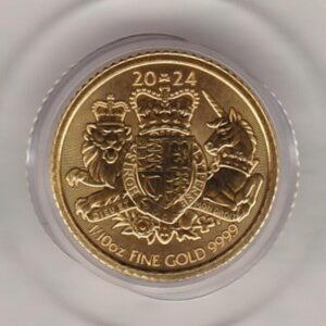 2024 Gold Tenth Ounce Royal Arms coin featuring King Charles III on the Obverse. The Royal Coat Of Arms on the Reverse. The coin comes in a capsule.
