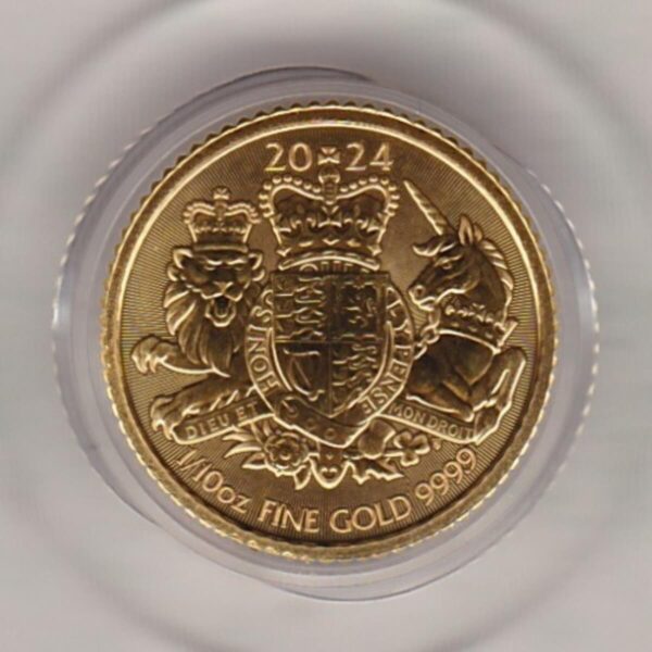 2024 Gold Tenth Ounce Royal Arms coin featuring King Charles III on the Obverse. The Royal Coat Of Arms on the Reverse. The coin comes in a capsule.