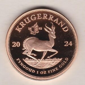 2024 South Africa Gold Proof One Ounce Krugerrand Coin. This proof one ounce gold coin features Paul Kruger on the Obverse. The springbok on the Reverse.