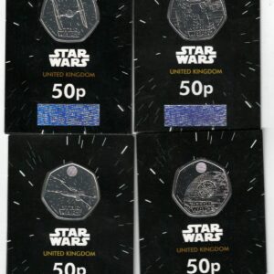 Four Various 2024 Star Wars Fifty Pence Coins. The reverse features Tie Fighter, Han solo and Chewbacca, Death Star II and X-Wing.