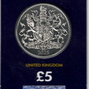 2025 Five Pound Coin, Royal coat of arms. This coin comes in the change checker card presentation packet in mint condition. King Charles III on obverse.