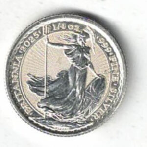 2025 Quarter Ounce Britannia Silver Coin. The obverse side of the coin features the official effigy of King Charles III. All coins are in stock.