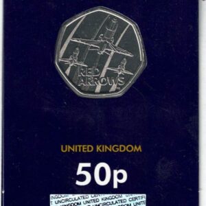 2025 Red Arrows Fifty Pence Coin. The obverse side of this coins features king Charles III facing left. The reverse features the red arrows.