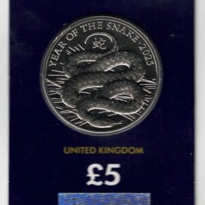 2025 Five Pound Coin, Year Of The Snake. This coin comes in the change checker card presentation packet in mint condition. King Charles III on obverse.