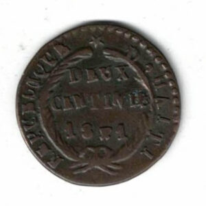 AN38 (1841) Haiti Copper Two Centimes Coin. The obverse features the value and date within wreath. The reverse features a liberty cap wit value.