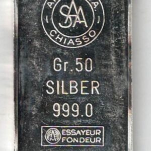 Argor Chiasso Silver Fifty Gram Bar . All of our silver bars have been pre-owned and in stock for dispatch for delivery. You are buying one bar.