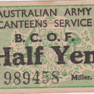 Australian Army Canteen's Service Half Yen Banknote. This unusual banknote was issued in world war II, with Prefix / Serial Number C989458.