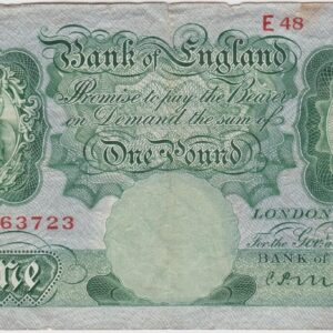 B212 Mahon One Pound Banknote E48. This is the green 1928 Issue with Britannia on the obverse. The banknote has the Serial Number E48 963723.