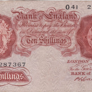 B223 Catterns Ten Shillings Banknote. This is the 1930 issue, with Britannia at the left on the obverse. Prefix / Serial Number O41 287367.